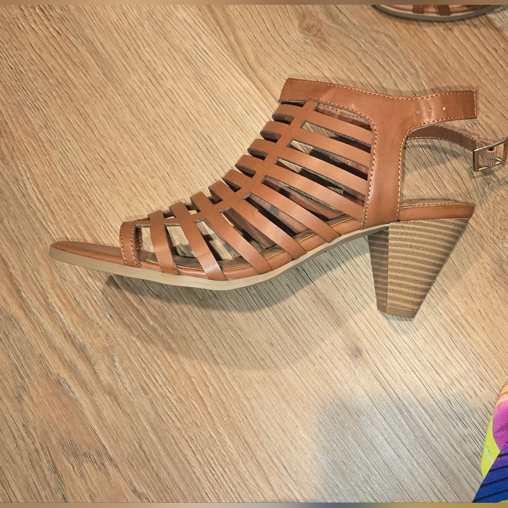 STYLE&CO HAILEYY CAGED UPPER CONE HEEL DRESS SANDAL COGNAC BROWN WOMENS SIZE 9